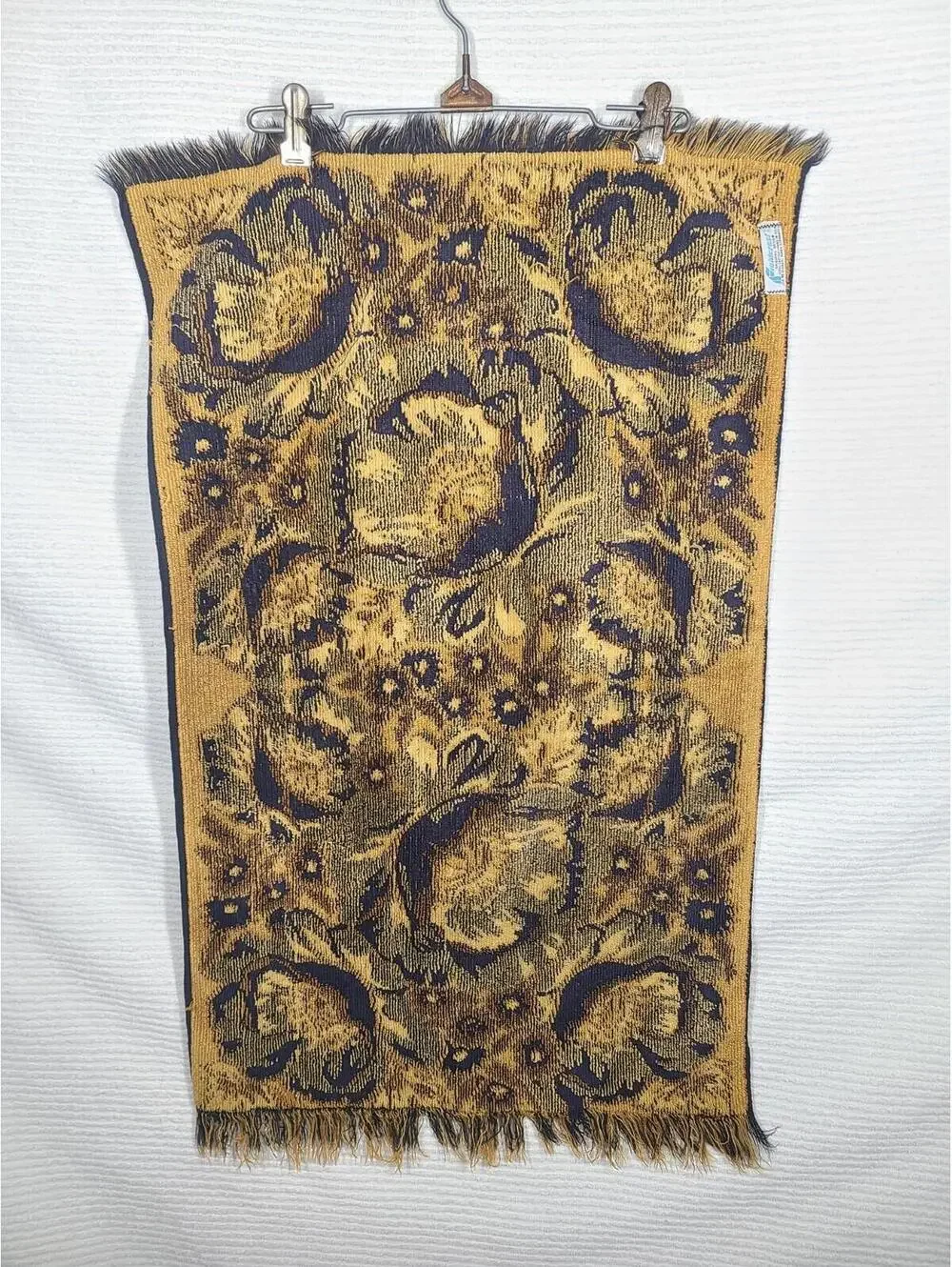 Vtg 70s Fieldcrest Poppies Bath Towel Black Gold 100% Cotton Bathmat Retro Rare
